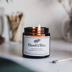 calm and cosy soy candle hazel and blue essential oil vegan candle