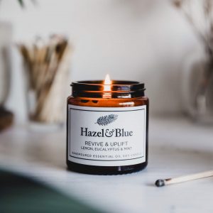 revive and uplift essential oil soy candle hazel and blue candles