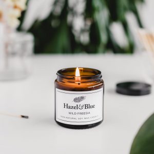Wild freesia soy candle vegan handmade hazel and blue candles